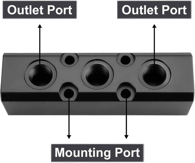 MARSTEK Air Manifold, 3 Way 5 Port Air Compressor Manifold, Air Hose Inline Manifold Block Splitter, Pneumatic Manifold Air Distribution Block, NPT 1/2 Inch Supply Port, NPT 1/4 Inch Output Port(BLACK) - Image 5